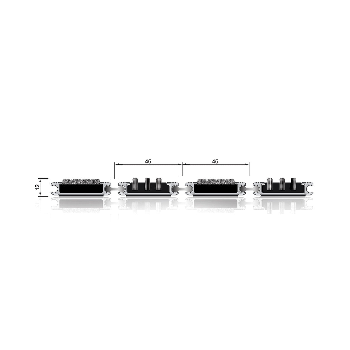 TC04 CAD Cross-Section Engineering Profile - 12mm Depth x 45mm Triple Brush x 45mm Carpet